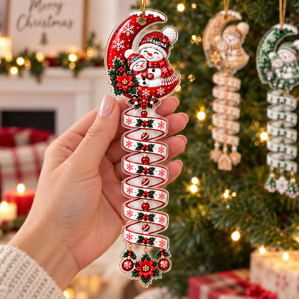 Christmas Snowman Grandma Grandkid Spiral Style - Personalized Acrylic Ornament - Christmas Gift For Kids, Grandkids, Grandson, Granddaughter