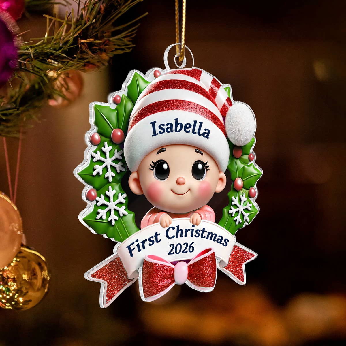 Baby's First Christmas Personalized Custom Shaped Acrylic Ornament, Baby In Christmas Wreath, Christmas in July