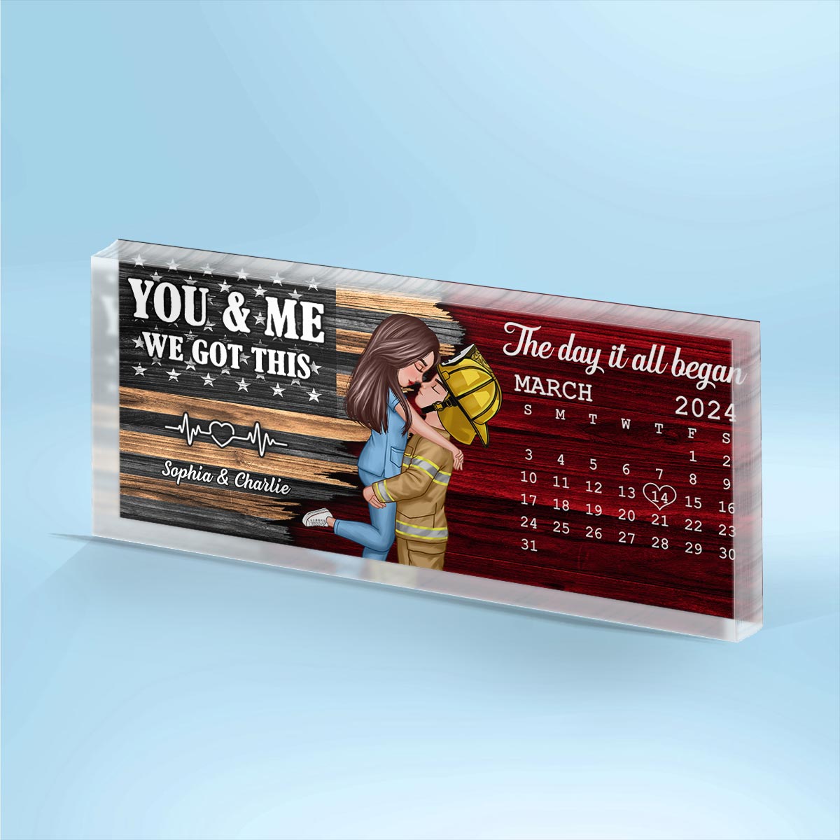 Hero Couple Hugging Kissing Half Flag Anniversary Calendar Keepsake  Gift by Occupation Personalized Acrylic Block Plaque