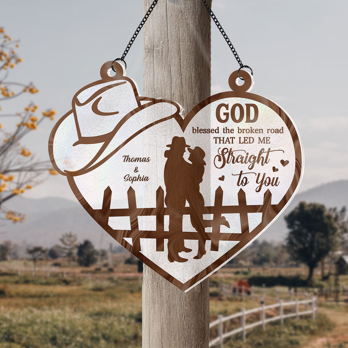 God Blessed The Broken Road Country Vibe Couple Personalized Acrylic Suncatcher