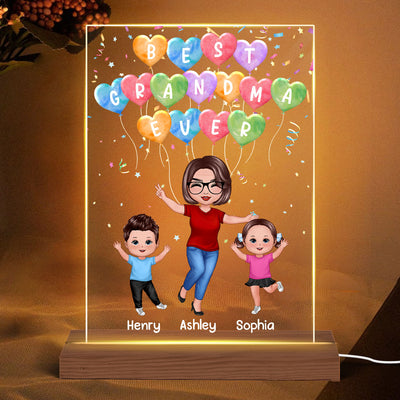Happy Doll Grandma Grandkids Colorful Balloons Personalized Rectangle Acrylic LED Night Light