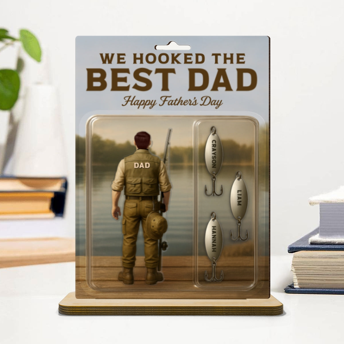 We Hooked The Best Dad Grandpa Fishing With Kids' Names Custom Figure Personalized Standing Wooden Plaque, Perfect Father's Day Gift For Fishing Dad, For Husband, For Grandpa