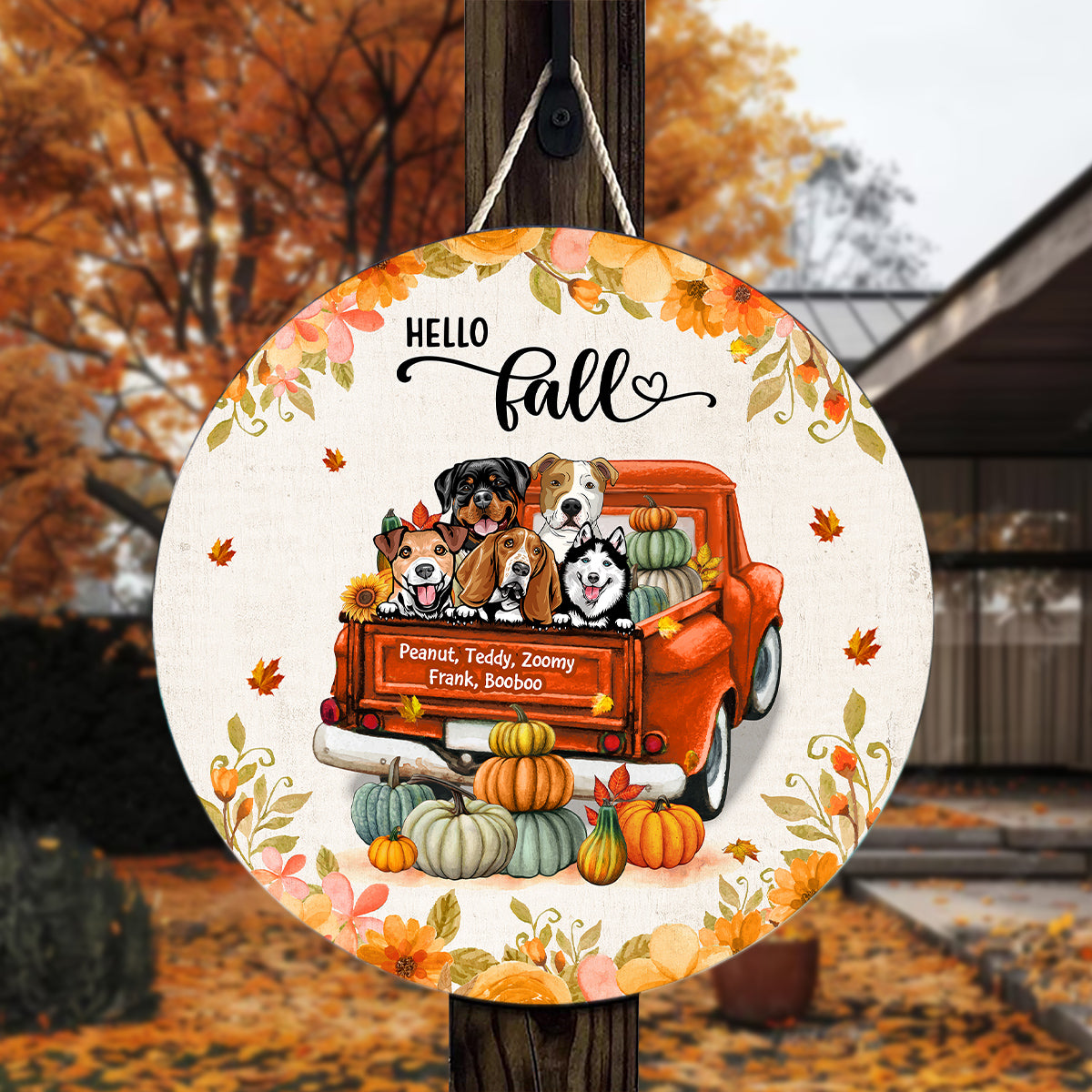 Hello Fall Dogs On Truck Personalized Wooden Door Sign