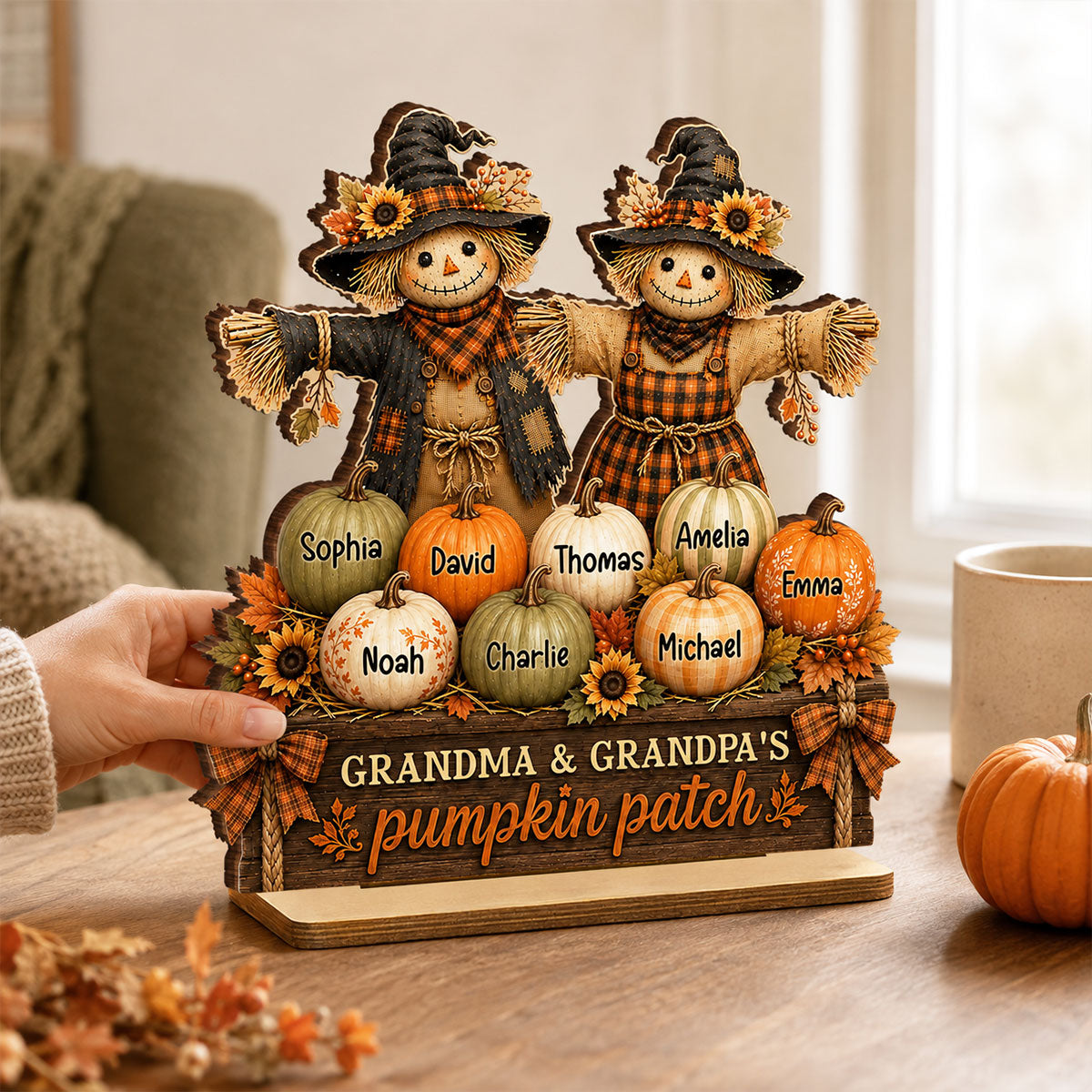 Grandma Grandpa Pumpkin Patch Scarecrow - Personalized 2-Layered Wooden Plaque - Cozy Fall Decor for Grandparents