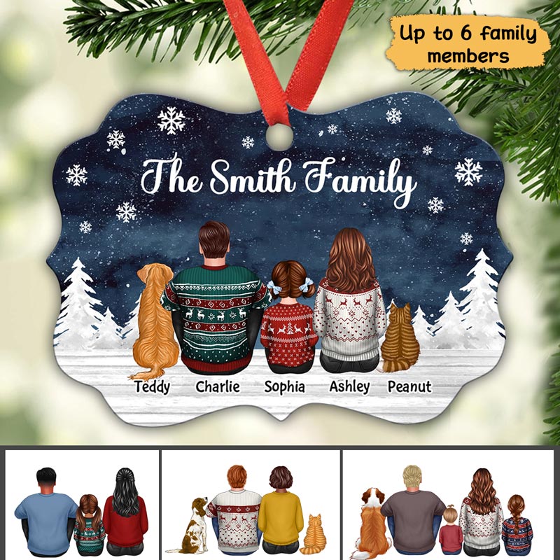 Christmas Family Dad Mom Kids Dogs Cats Snow Background Personalized Christmas Ornament