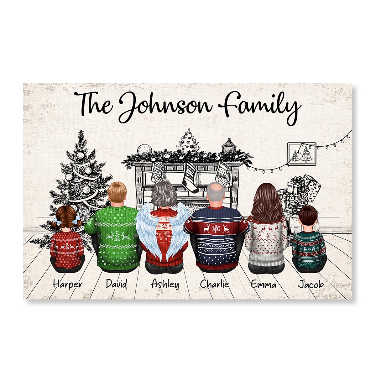 Sketch Background Christmas Family Back View Sitting Together At Fireplace Personalized Poster