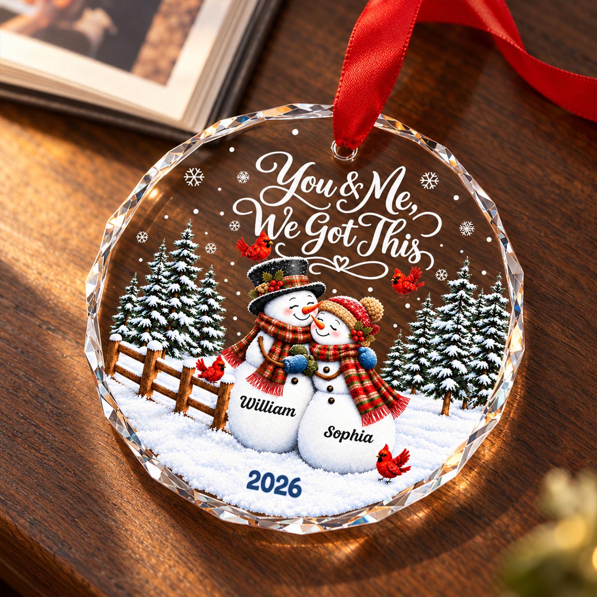 Snowman Couple - Personalized Glass Ornament - Custom Couple Names & Year, Christmas Keepsake, Gift for Couples