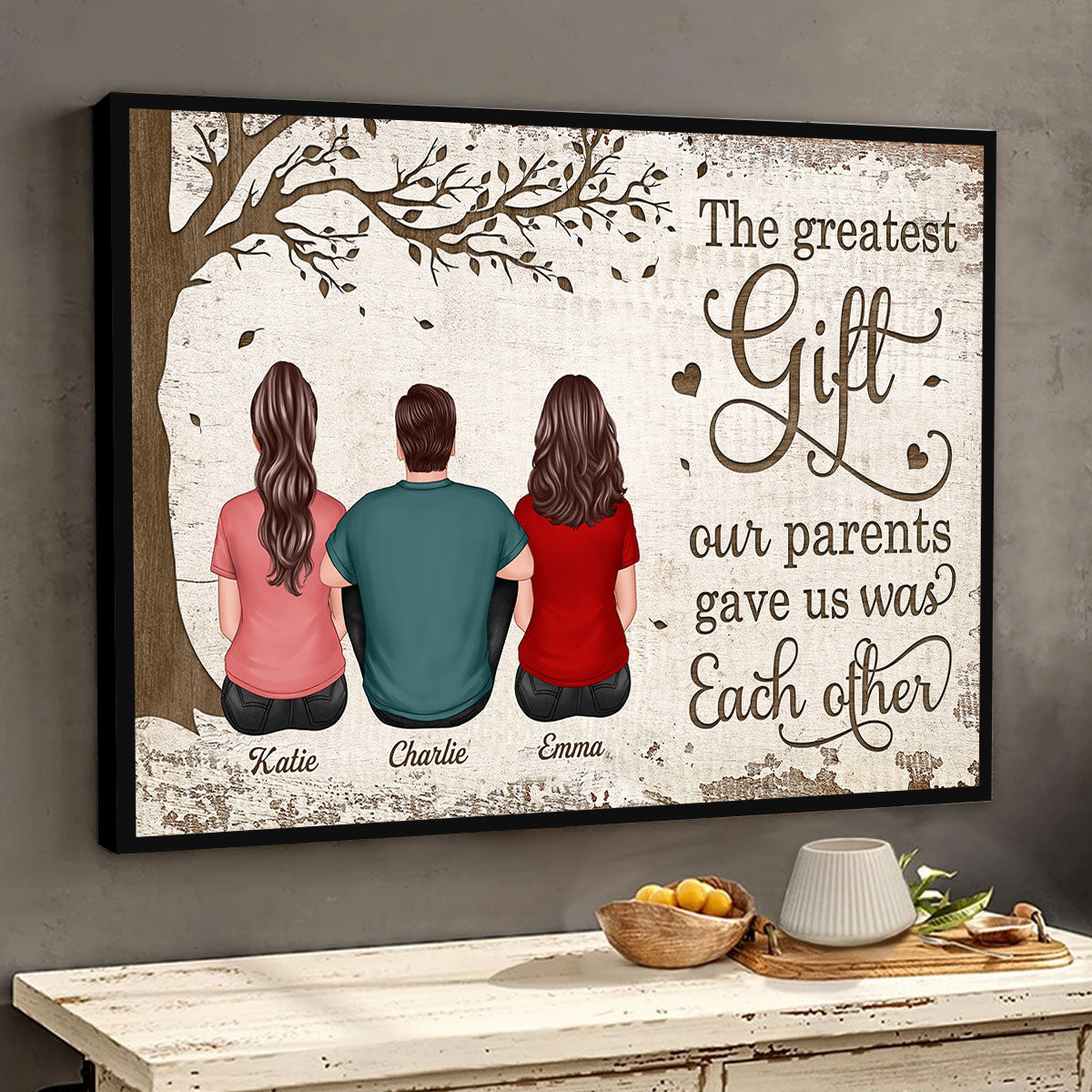 Back View Brothers And Sisters Sitting Under Tree Personalized Horizontal Poster