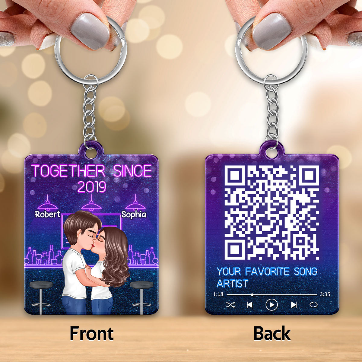 Doll Couple Kissing At Bar Favorite Song QR Code Personalized Acrylic Keychain