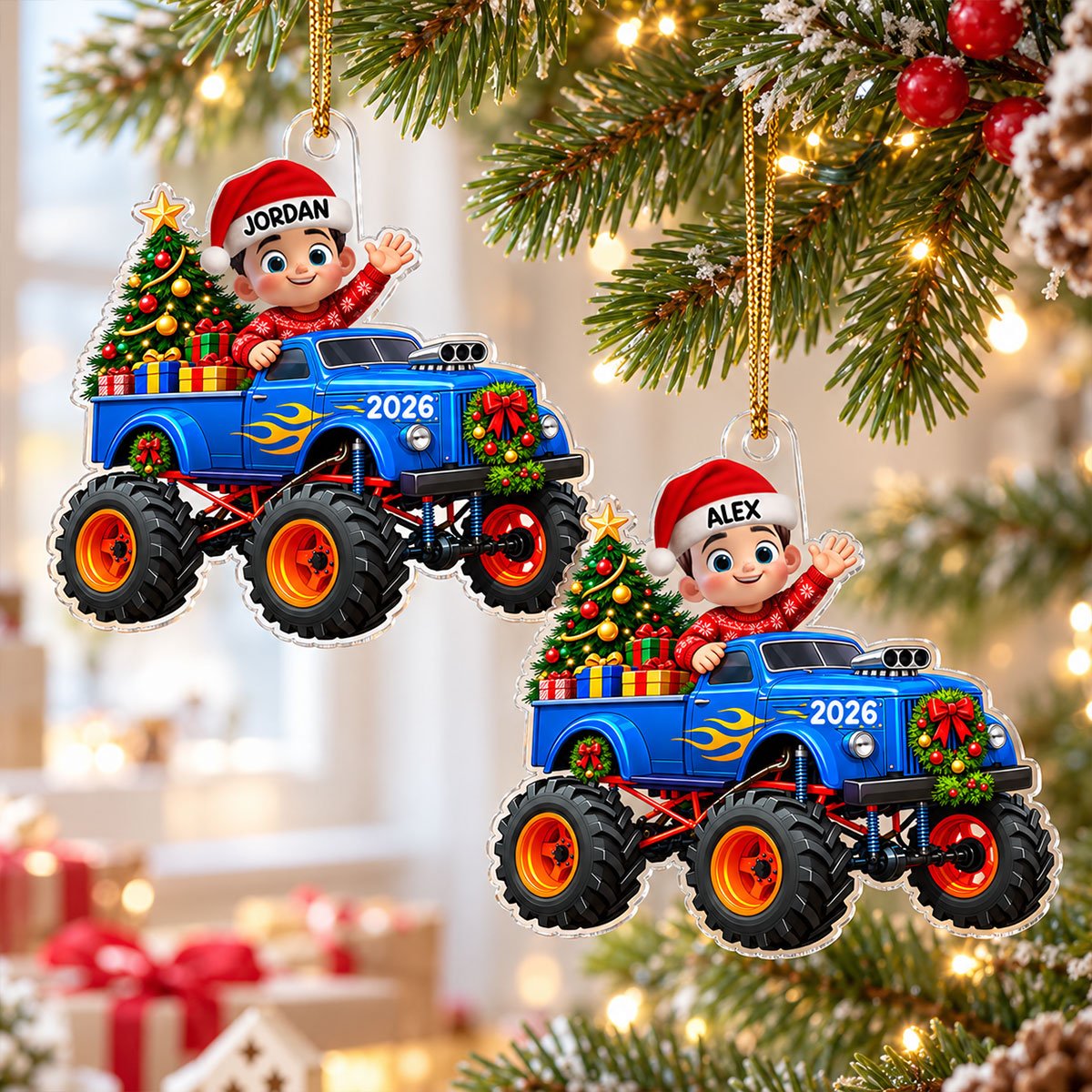 Little Kid With Monster Truck - Personalized Acrylic Ornament - Christmas Gift For Kids, Grandkids, Grandson, Granddaughter, Son, Daughter