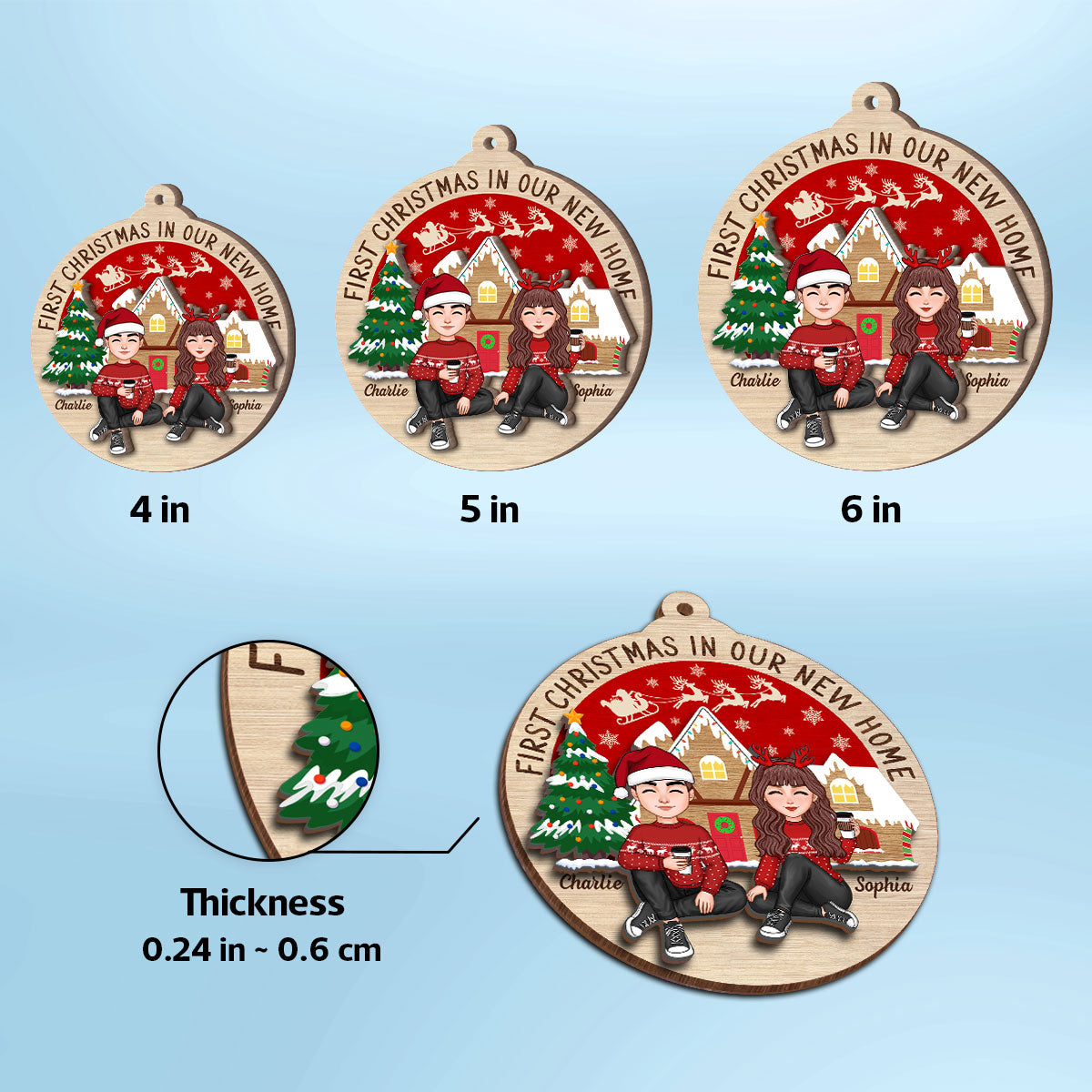 First Christmas In Our New Home Couple Sitting Personalized 2-Layer Wooden Ornament