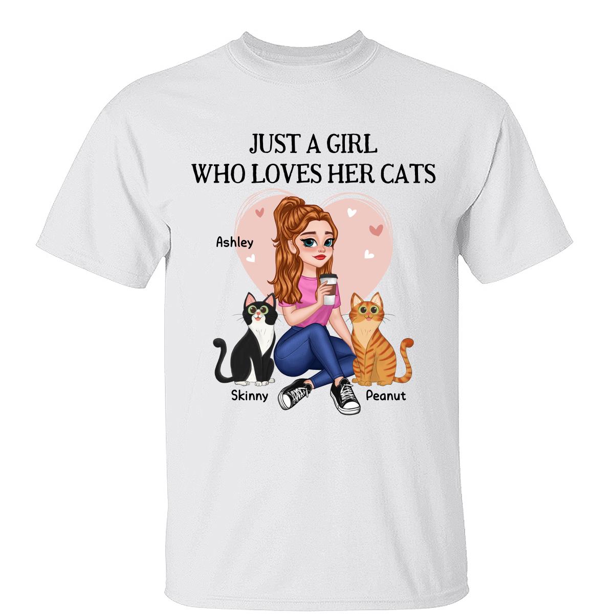Just A Girl Who Loves Cats Pretty Cartoon Girl Sitting With Cats Personalized Shirt