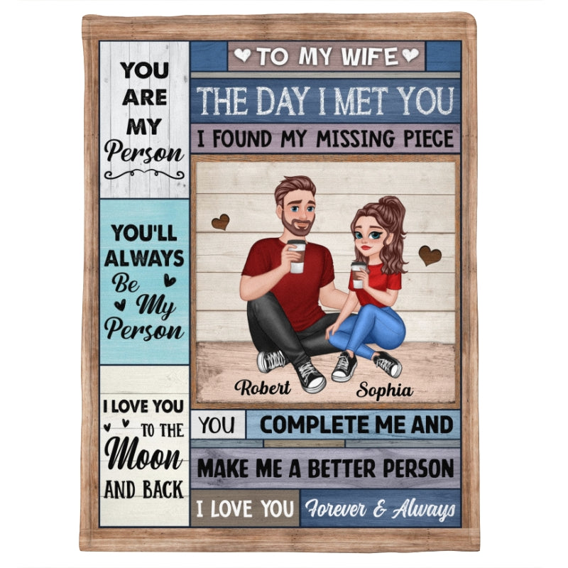 Cartoon Couple Sitting Blue Wood Texture The Day I Met You Personalized Fleece Blanket
