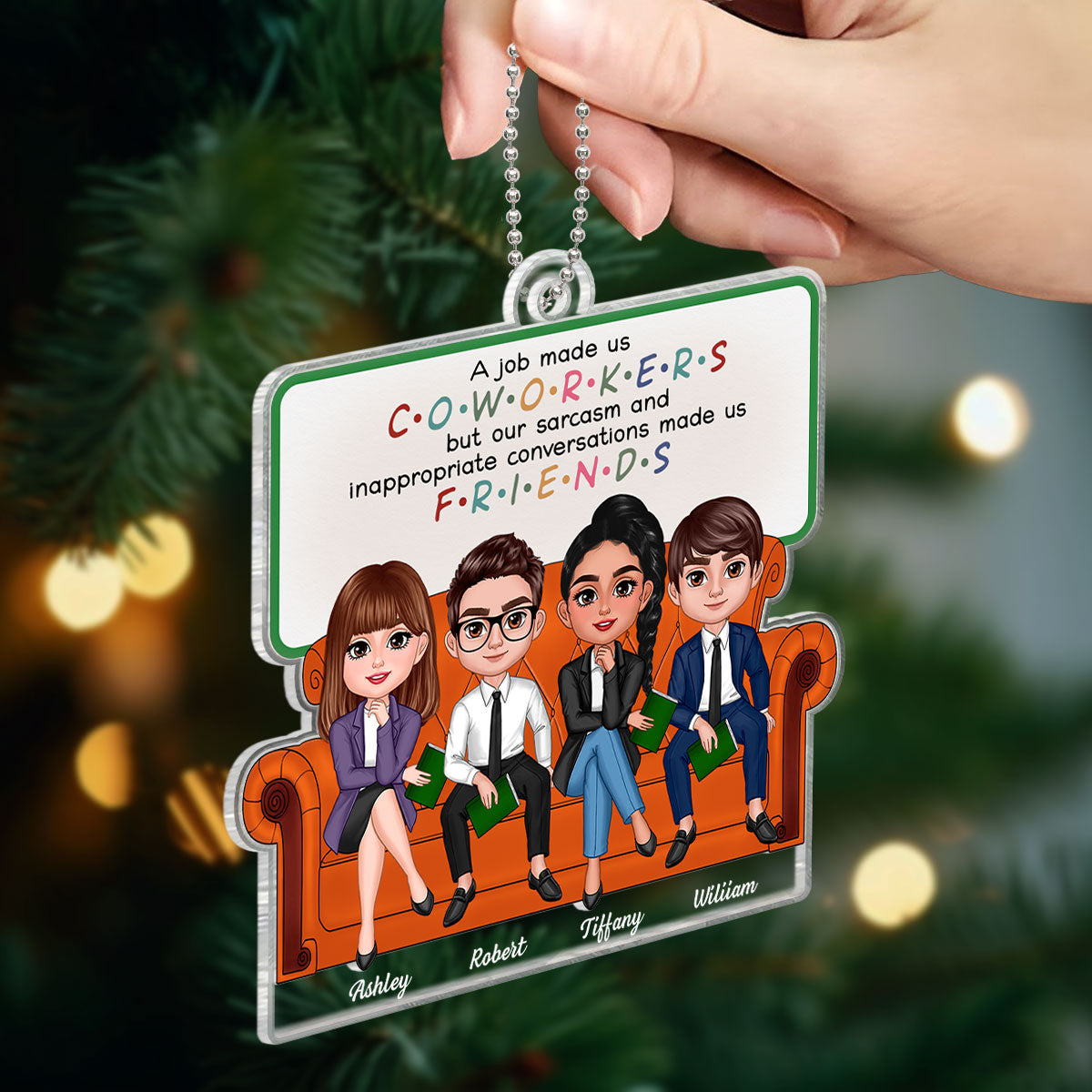 Coworkers Friends Colleagues Sitting On Sofa Personalized Acrylic Ornament, Christmas Gift