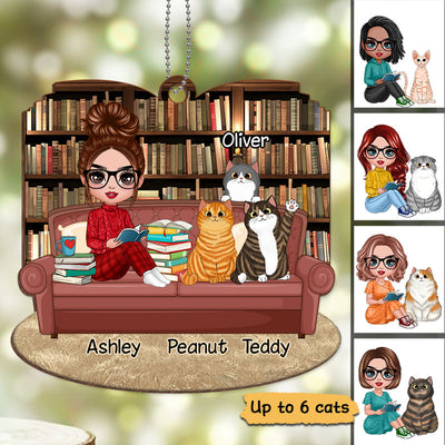 Doll Girl Reading Book With Cats Personalized Wooden Ornament