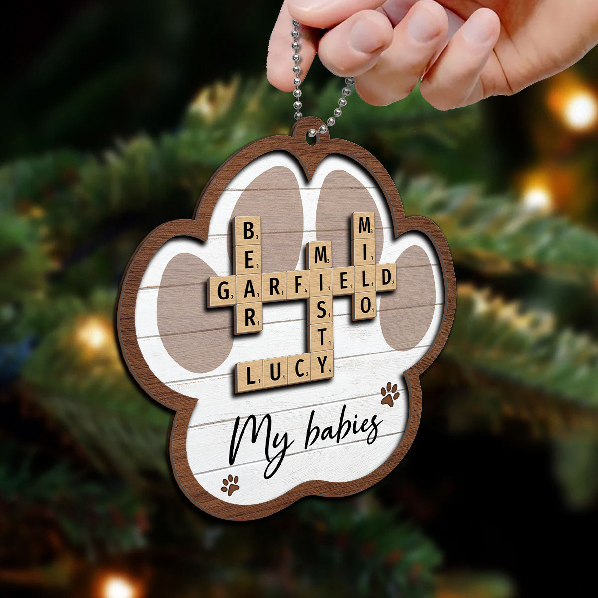 Pet Names Crossword Puzzle Art Personalized Paw Shaped 2-Layer Wooden Ornament [Can add up to 20 pet names]
