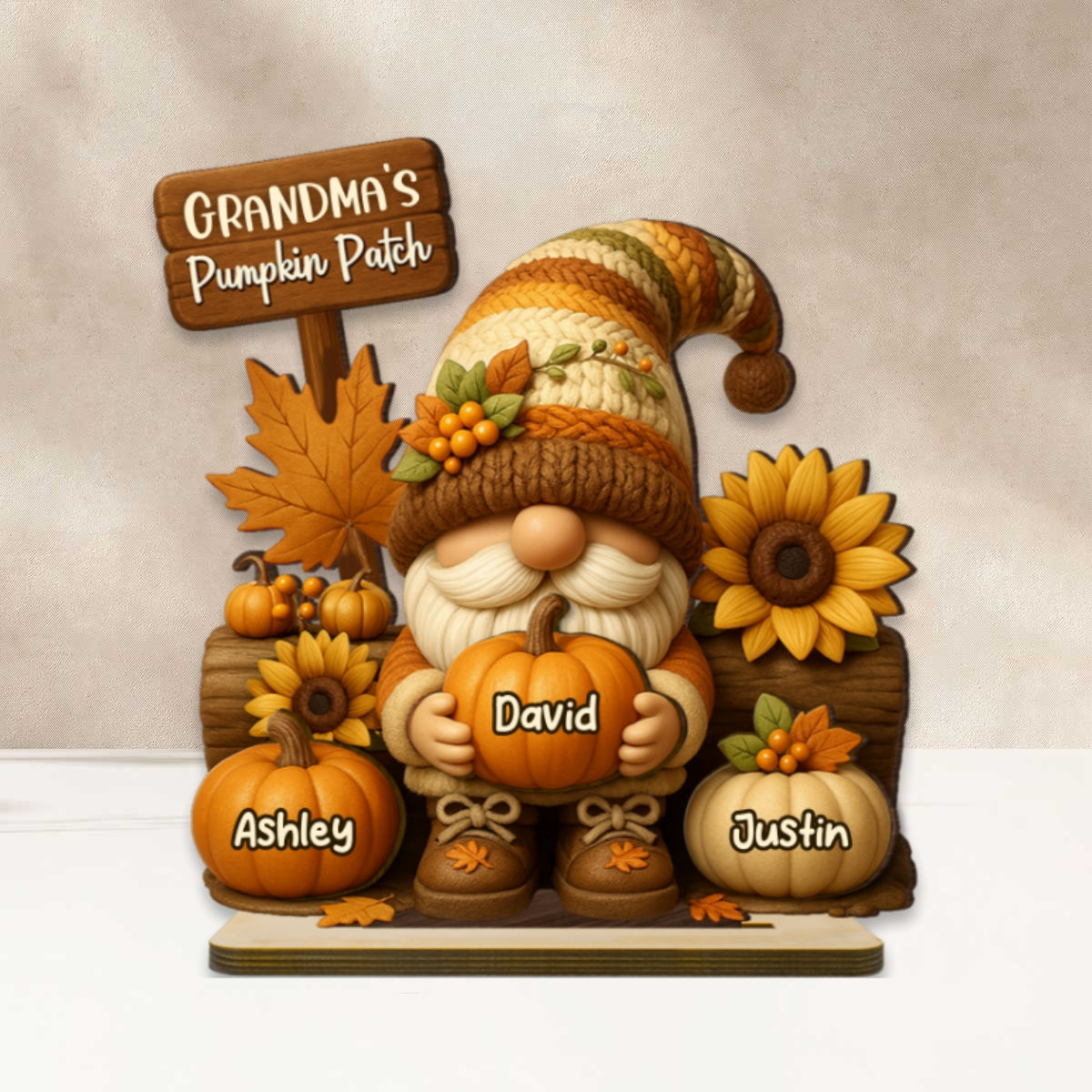 Gnome Grandma's Pumpkin Patch Personalized Standing Wooden Plaque, Fall Decor for Grandma