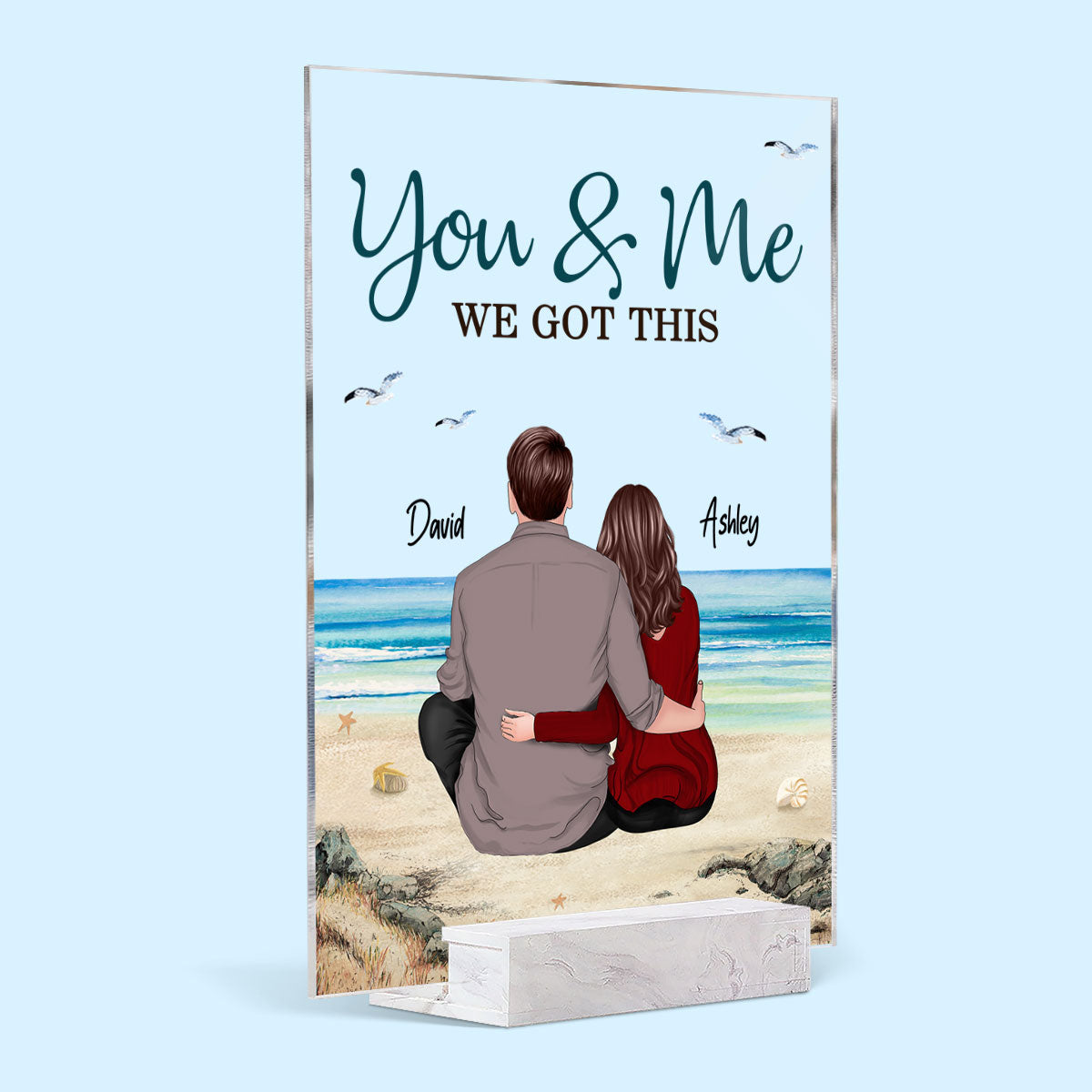 Back View Couple Hugging Sitting Beach Landscape Personalized Acrylic Plaque