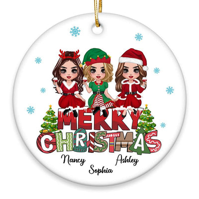 Doll Besties Sitting On Merry Christmas Text Personalized Circle Ornament