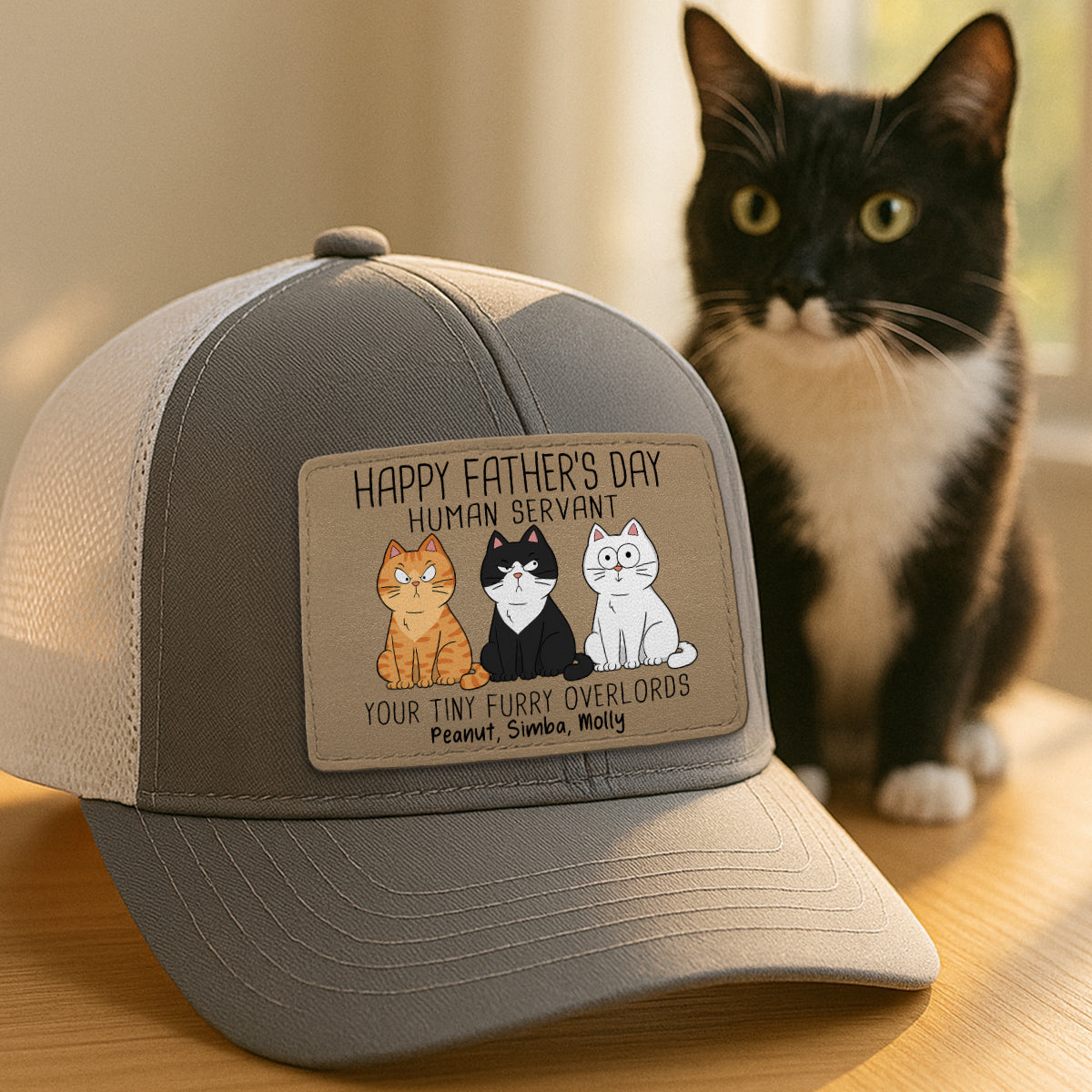 Happy Father‘s Day Human Servant Funny Cute Cats Personalized Leather Patch Hat, Gift For Cat Dad