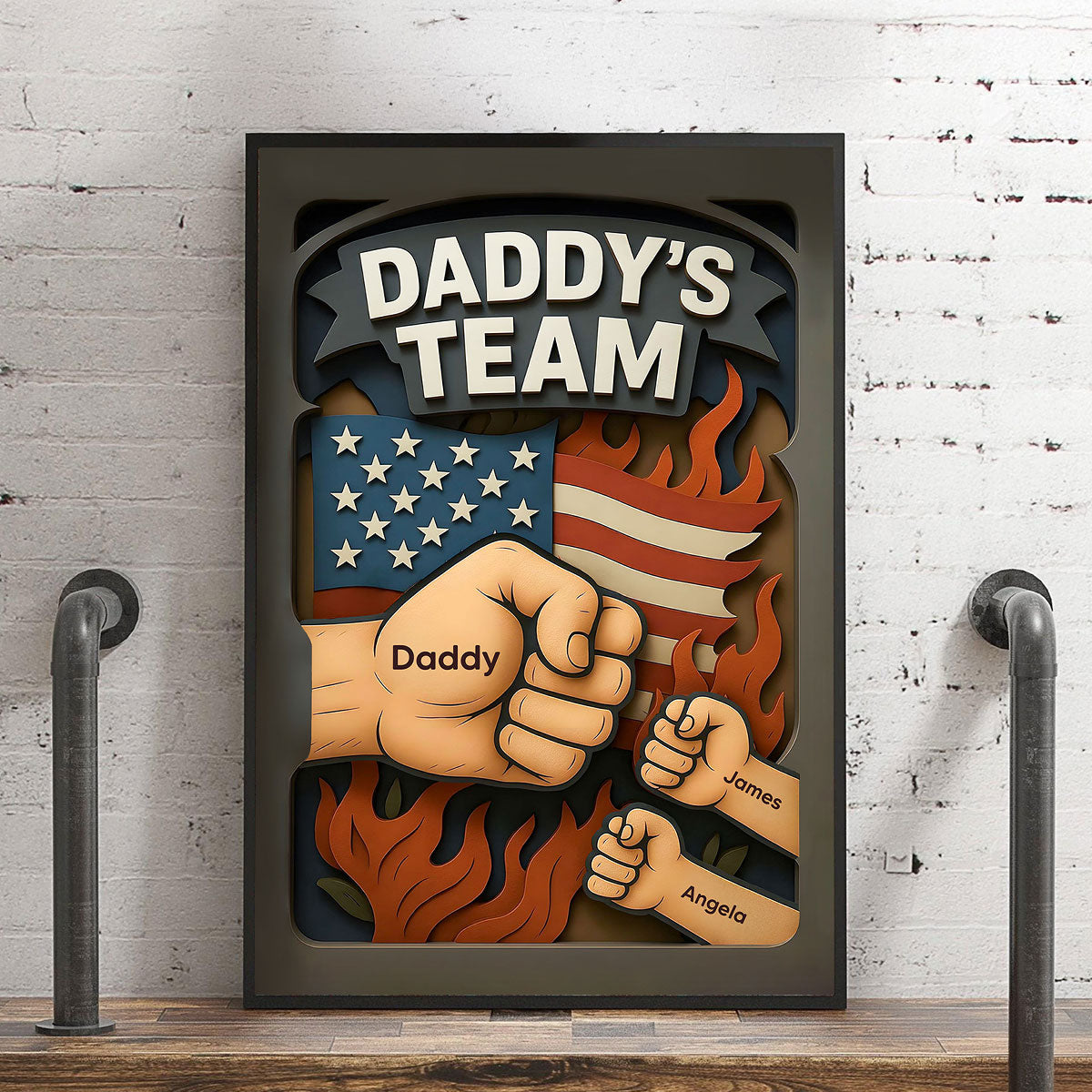 Daddy's Team Fist Bump 3D Effect Layered Personalized Poster, Father's Day Gift for Dad