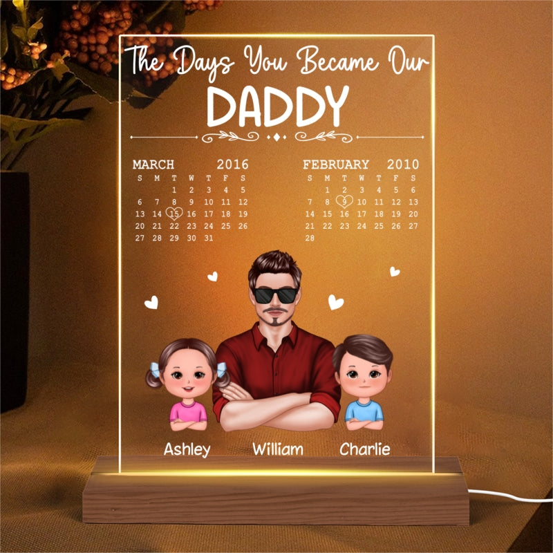 The Days You Became Our Dad Man & Doll Kids Personalized Rectangle Acrylic Plaque With LED Night Light