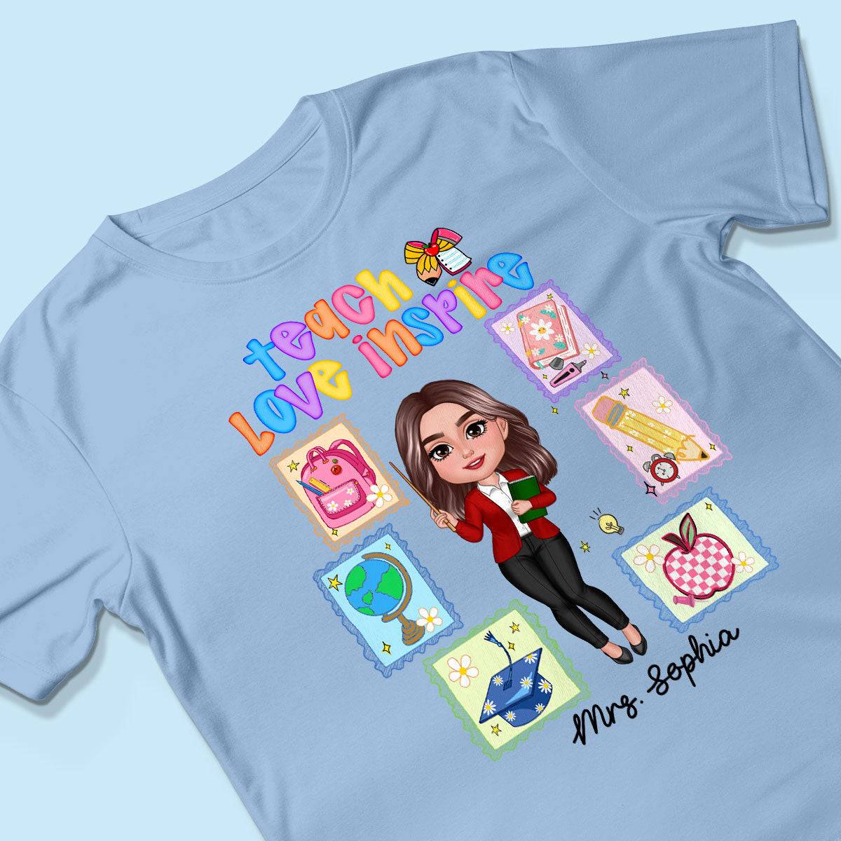 Teach Love Inspire Preppy School Thing Stamp Teacher Personalized Shirt, Back to School