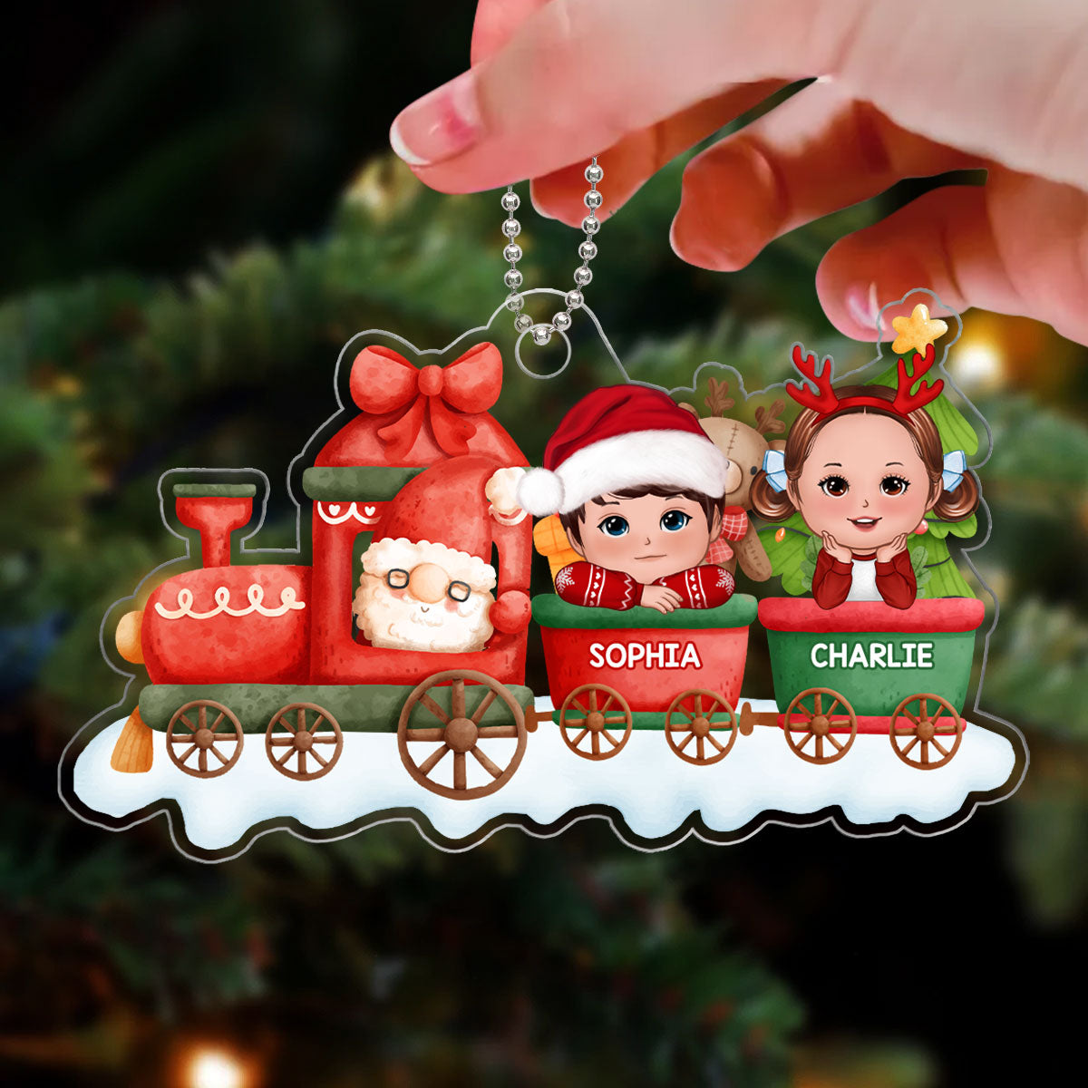 Cute Kids Peeking On Christmas Train Personalized Acrylic Ornament