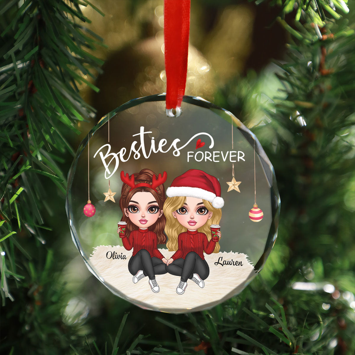 Besties Forever Y2K Best Friends Personalized Glass Ornament, Friendship Christmas Gift