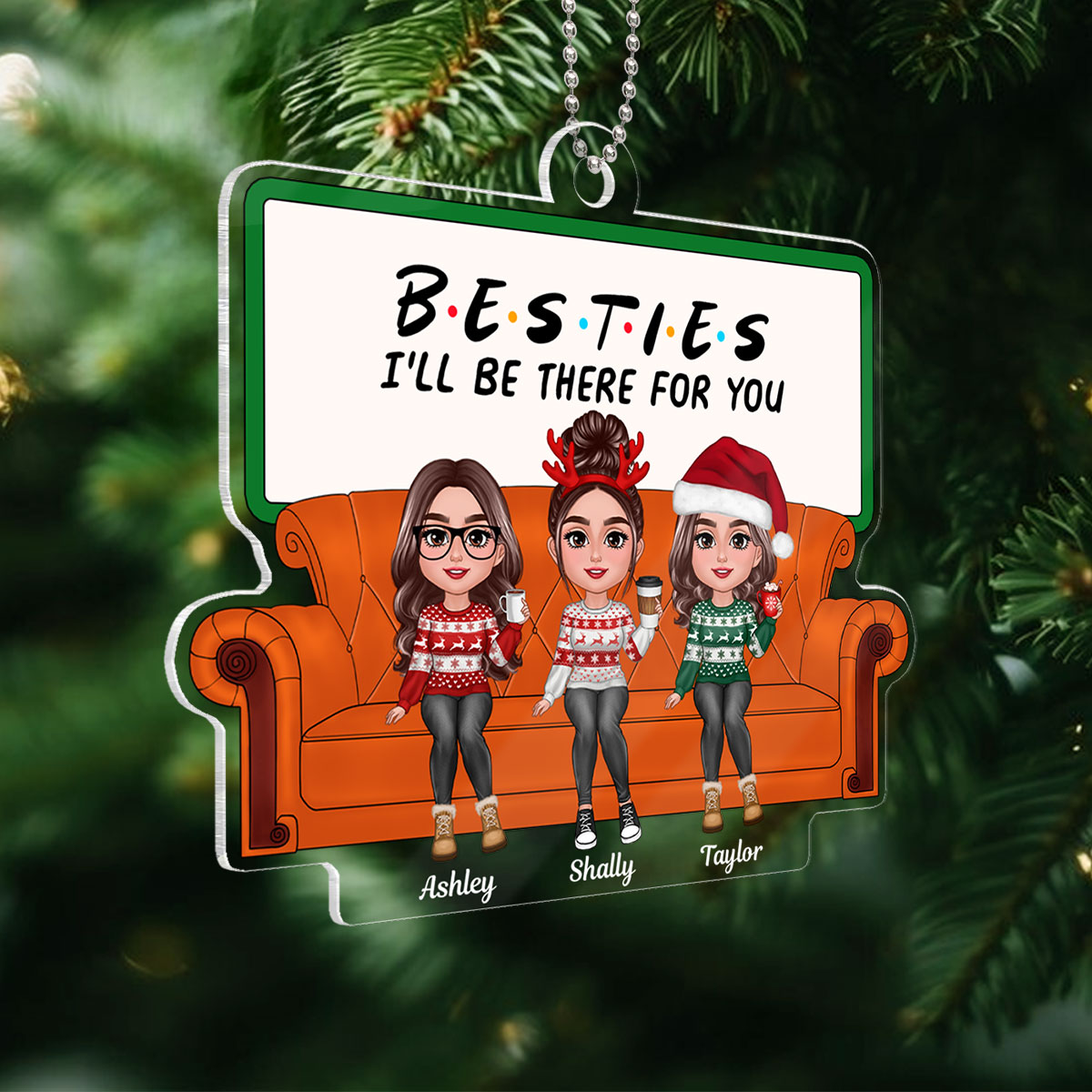 Christmas Besties Sisters Sitting On Sofa Personalized Acrylic Ornament