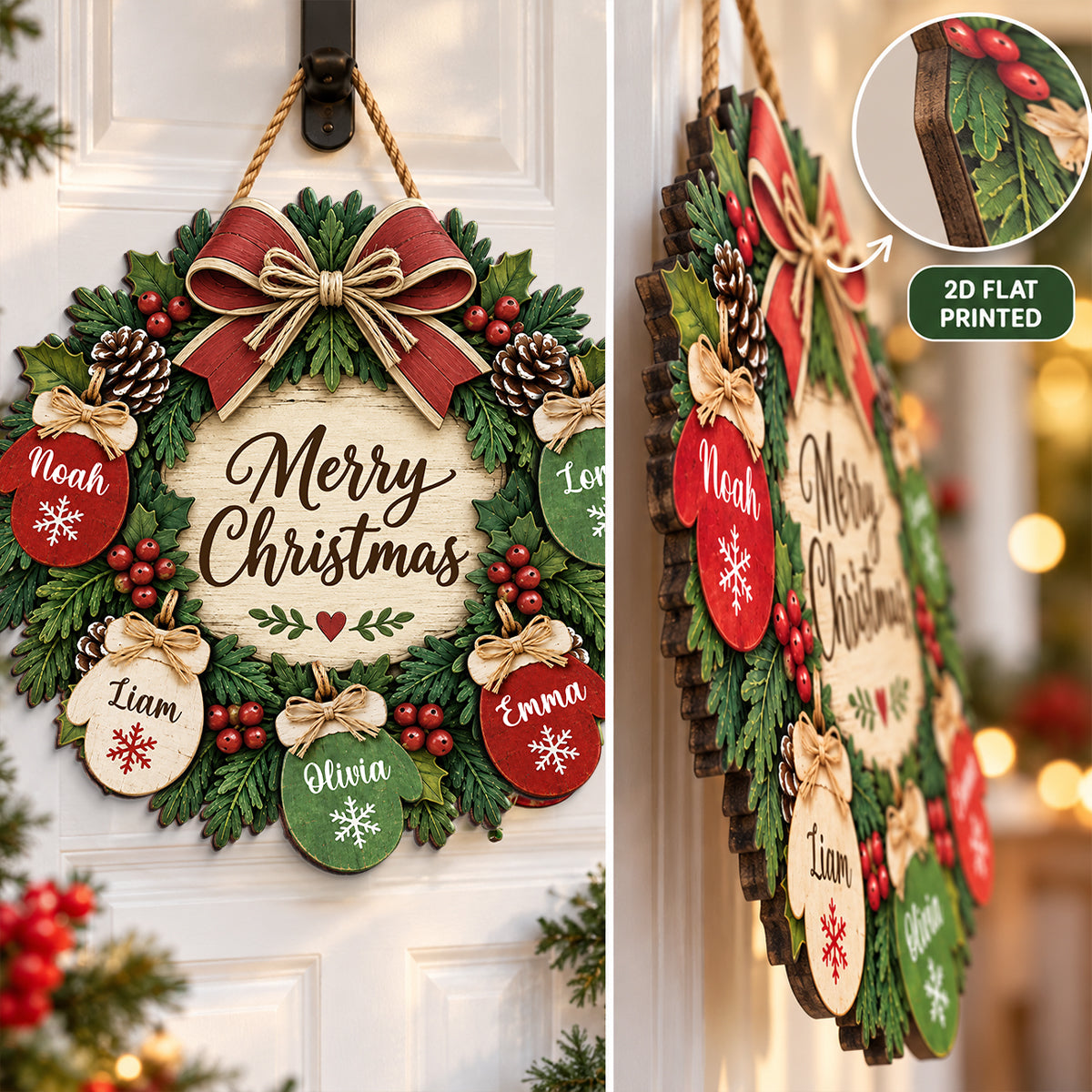 Home For The Holidays Mittens On Wreath 2D Flat Printed - Personalized Wood Sign - Christmas Decor For Family, Grandparents