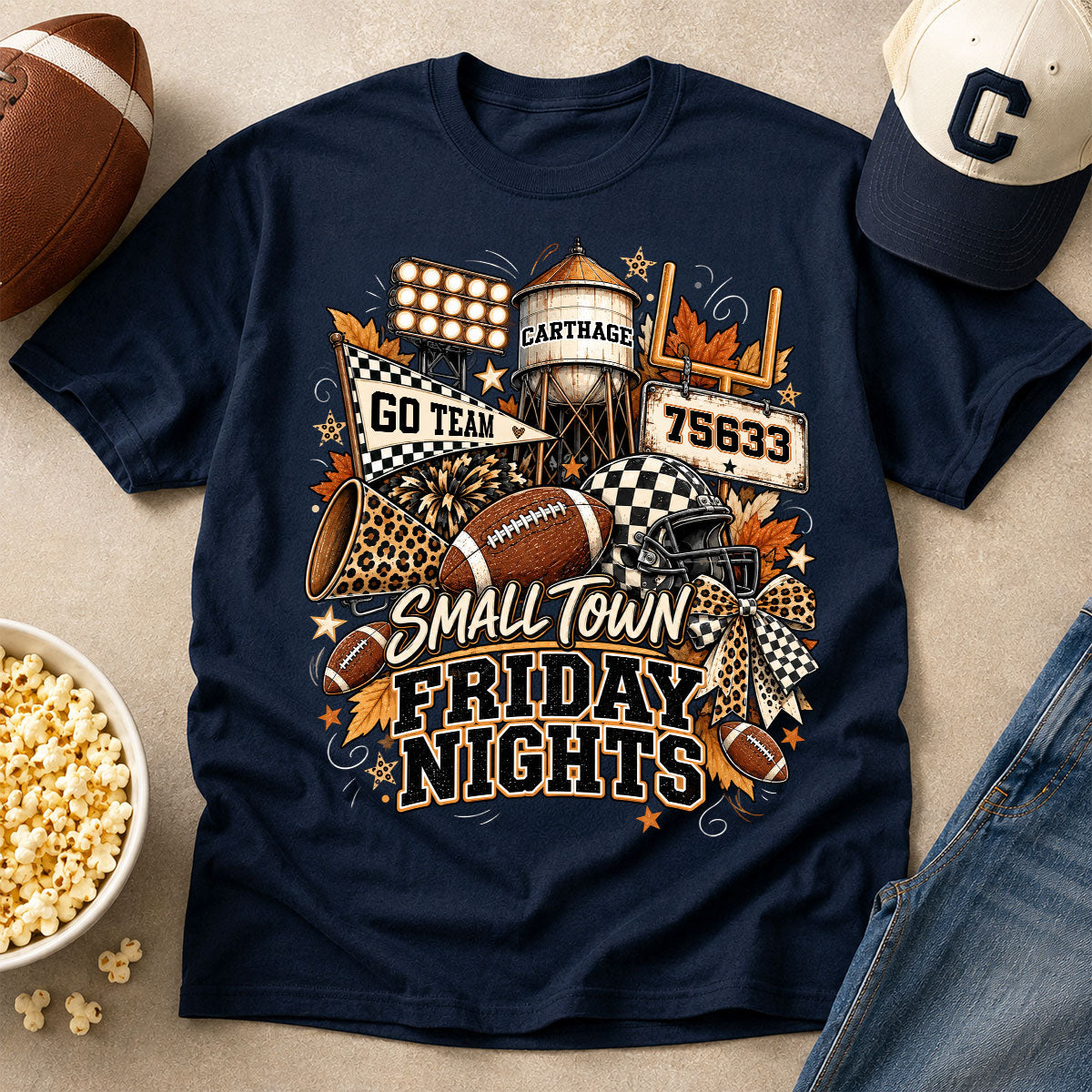 Small Town Friday Nights - Personalized Shirt - Trendy Fall Football Game Day, Custom Town Name, Zip Code