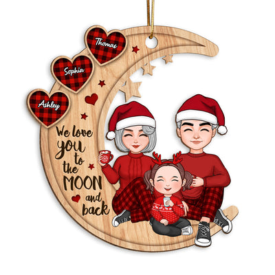 Checkered Pattern Heart Cute Grandma Grandpa & Grandkid Sitting On Moon Personalized Wooden Ornament