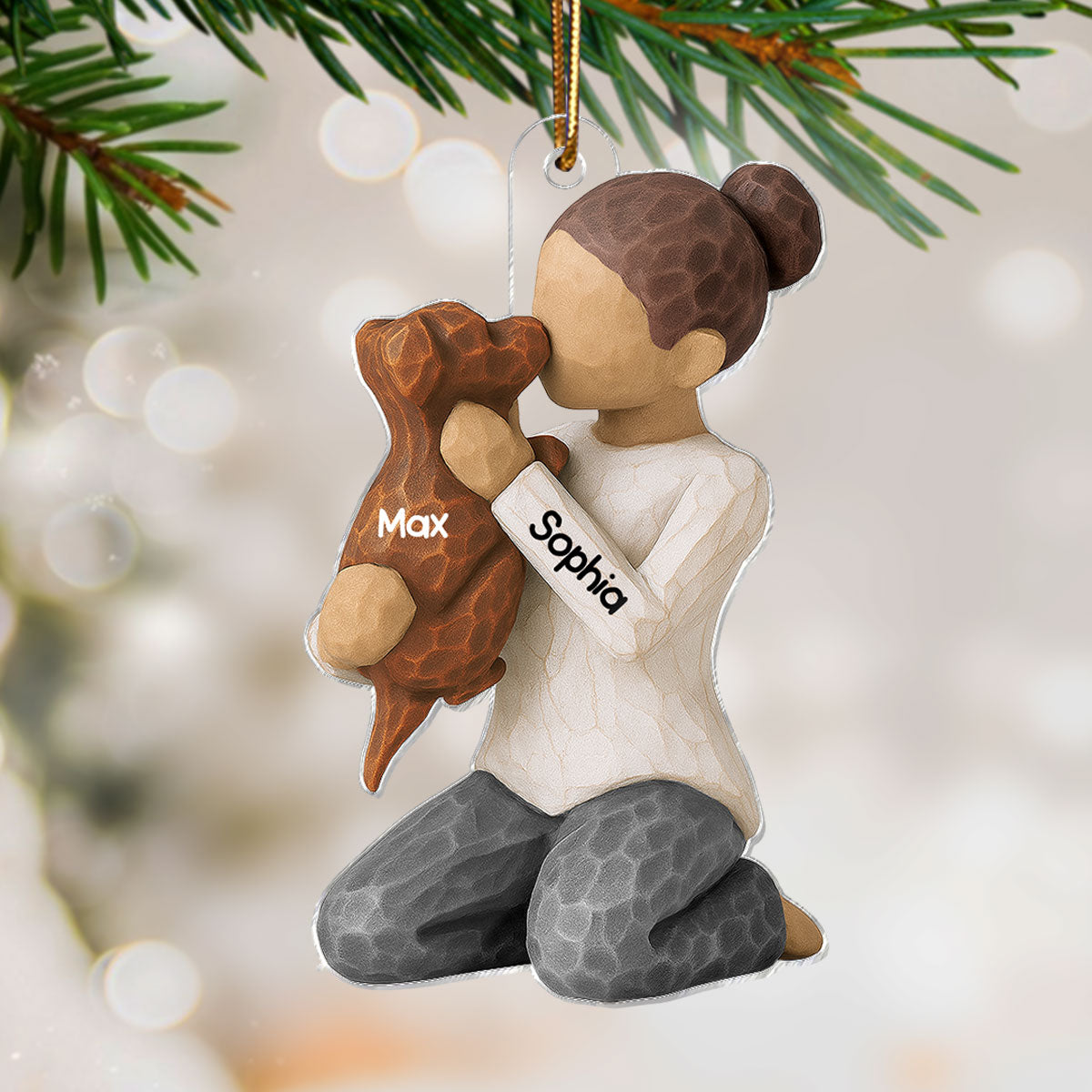 3D Effect Boy Girl Hugging Dog - Personalized Wooden Ornament - Christmas Gift For Dog Lovers
