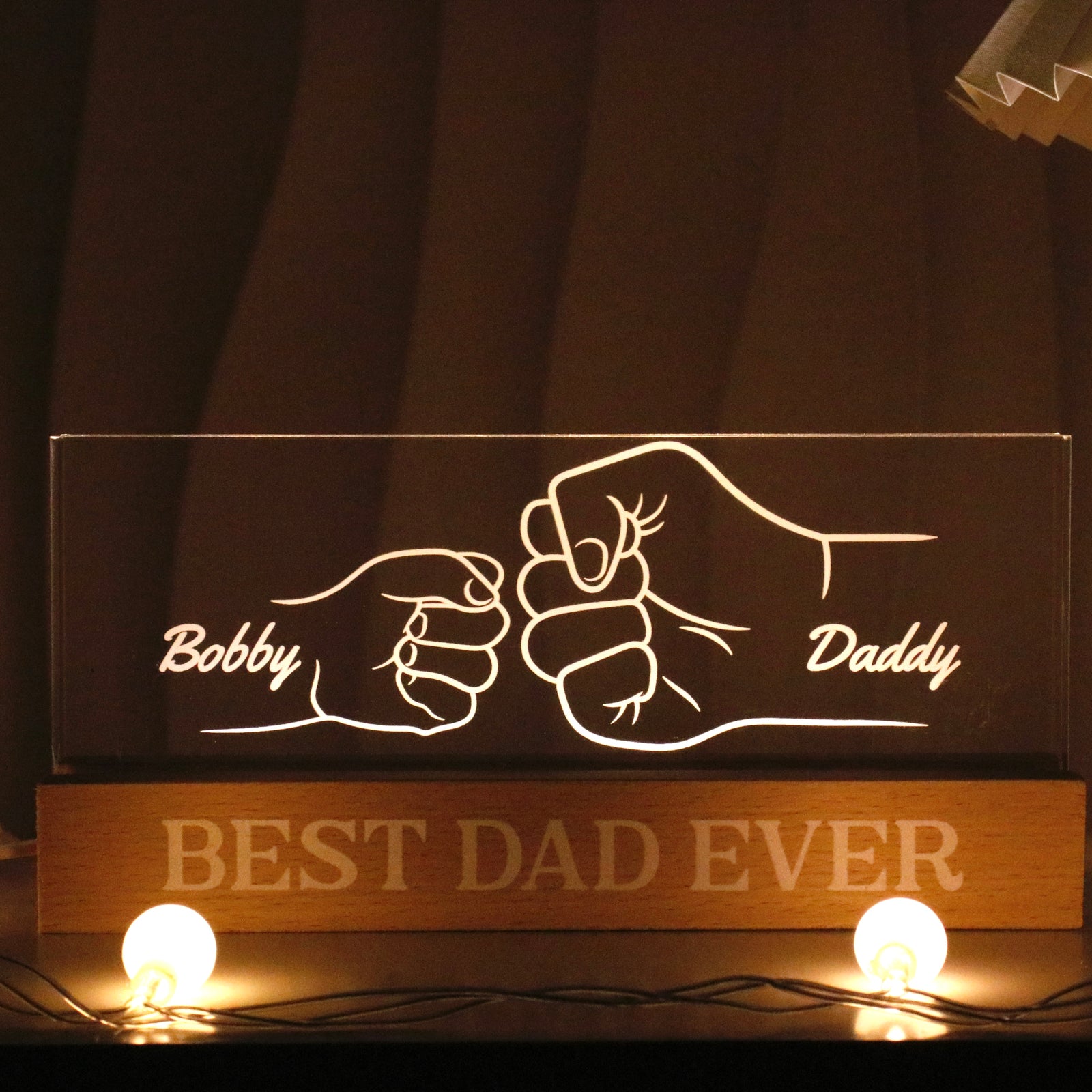 Best Dad Ever Fist Bump Outline Personalized Acrylic Block LED Night Light