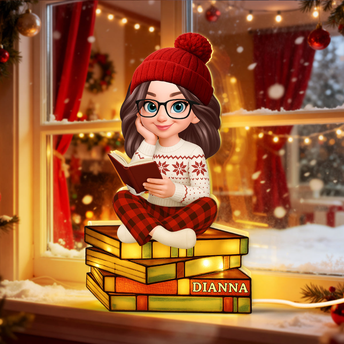 3D Stained Glass Effect Christmas Cozy Vibe Pretty Girl Reading Book - Personalized Light Box