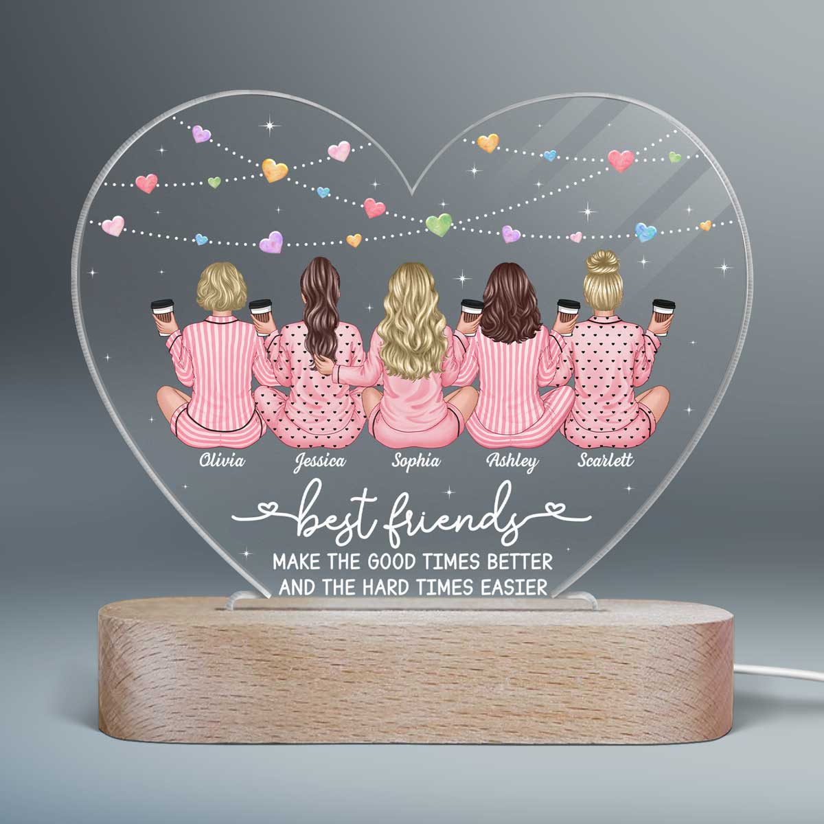 Back View Pajamas Besties Personalized Acrylic Heart LED Night Light, Gift For Best Friends, BFF