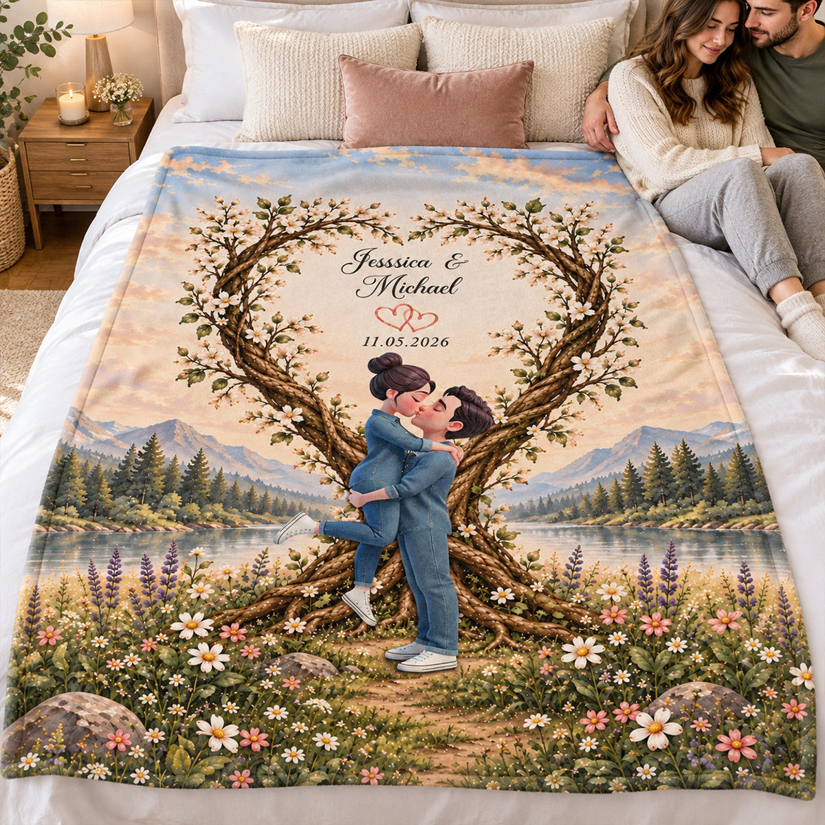 Couple Kissing Under Heart Tree - Personalized Fleece Blanket - Heartfelt Anniversary Christmas Gift for Her, for Him