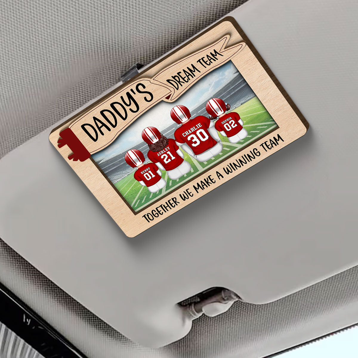 Daddy's Team Football Family Sitting Personalized Car Visor Clip, Gift For Dad, Grandpa, Husband