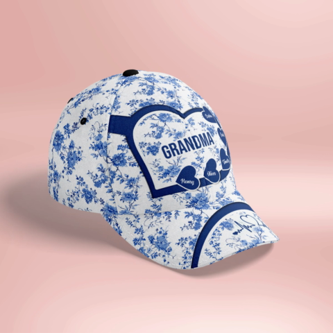 Grandma Mom Blue Heart Floral Chinoiserie Patterned Personalized Cap, Mother's Day gift for Mom, Grandma