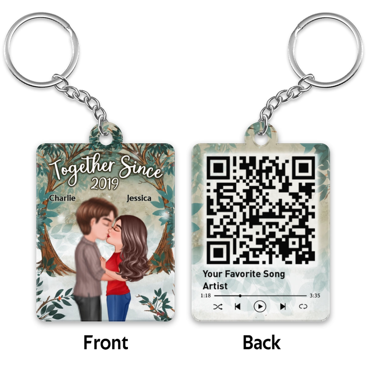 Tree Arch Doll Couple Kissing Favorite Song Scannable QR Code Personalized Acrylic Keychain
