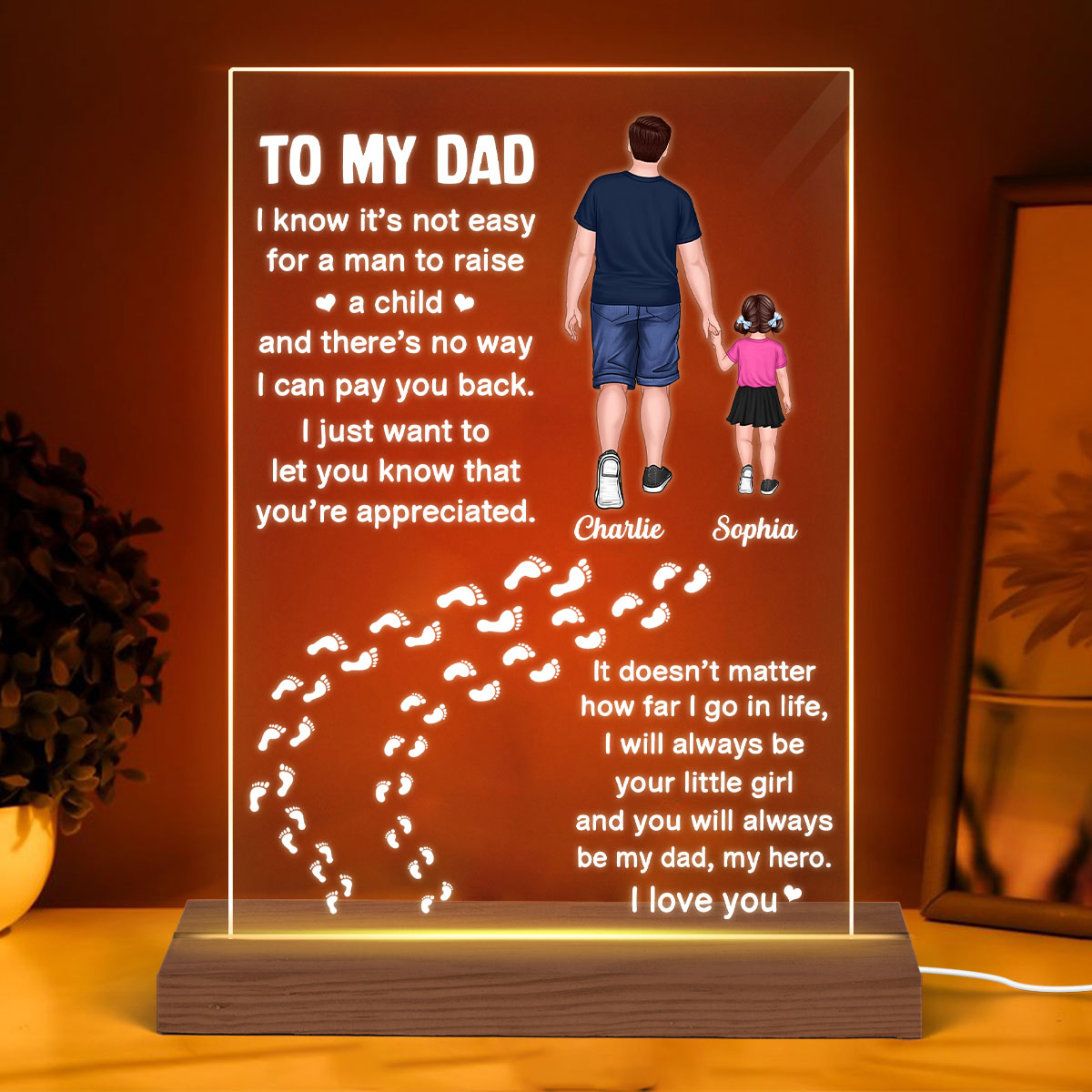Dear Dad Back View Man Dad And Kids Walking Father‘s Day Gift Personalized Rectangle Acrylic Plaque LED Night Light
