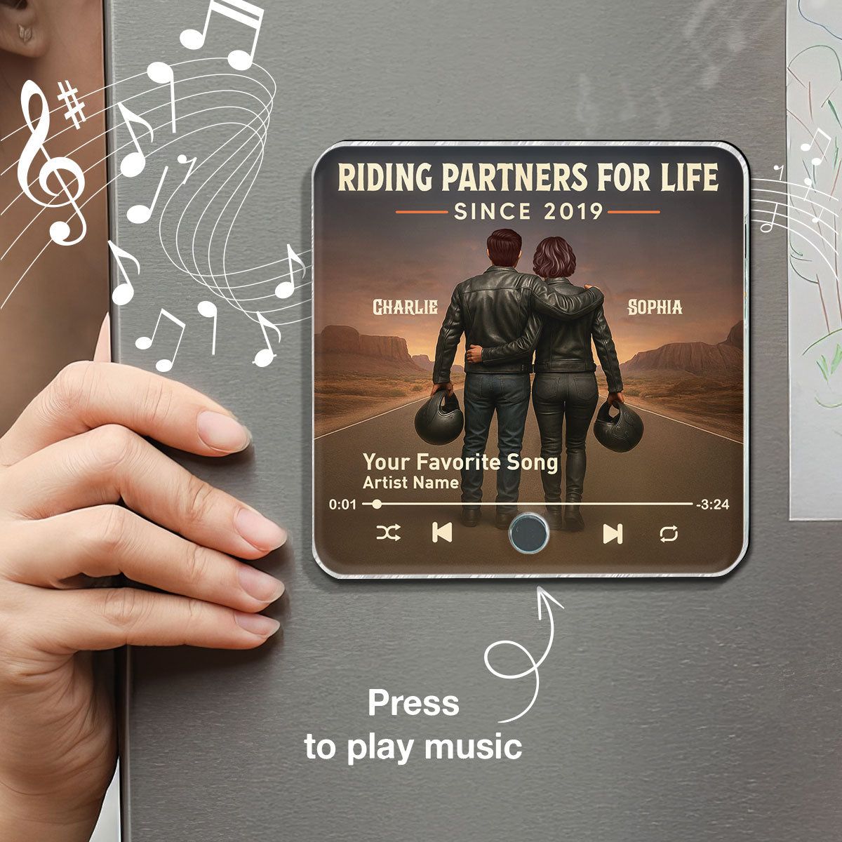 3D Effect Custom Figure Couple Bikers Riding Partners For Life Personalized Music Fridge Magnet