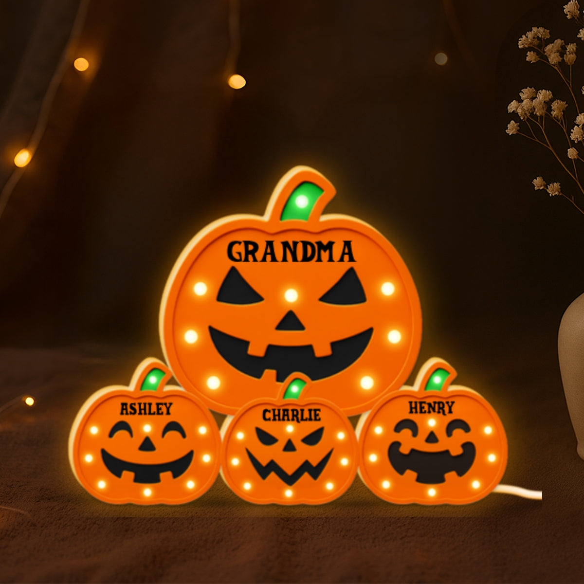 Jack O Lantern Grandma Grandkids Pumpkin Marquee Effect Personalized Light Box, Halloween Decor