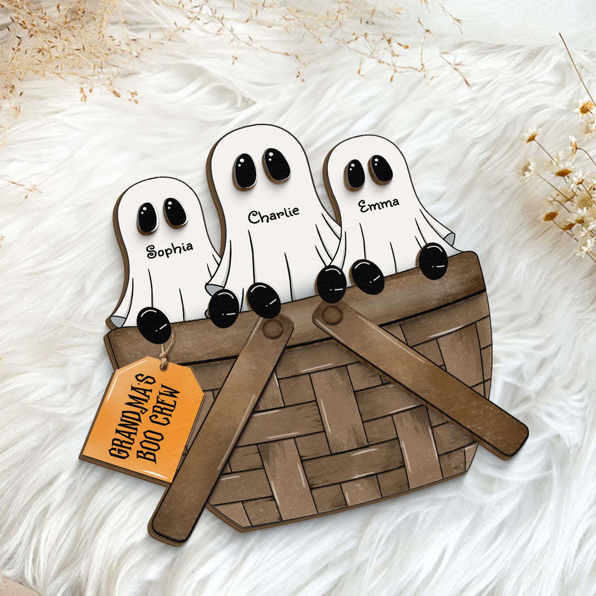 Grandma Family Ghosts For The Flower Basket Personalized 2-Layer Standing Wooden Plaque, Halloween Decor