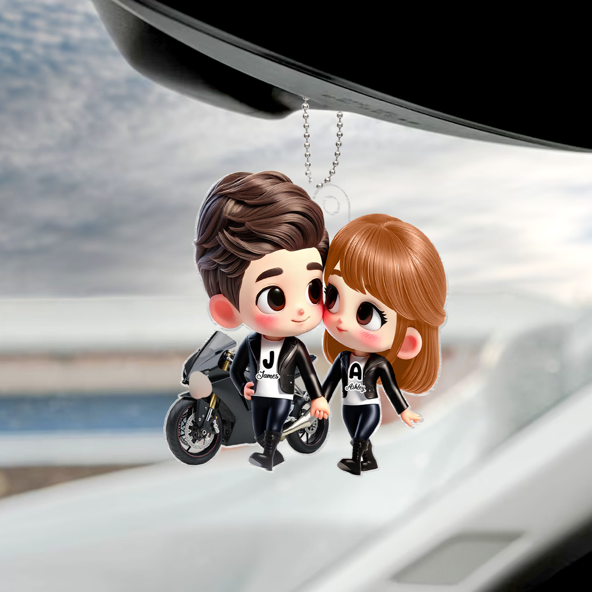 3D Effect Cute Cartoon Motorcycle Couple Personalized Acrylic Car Hanger, Anniversary &  Gift for him, Gift for her