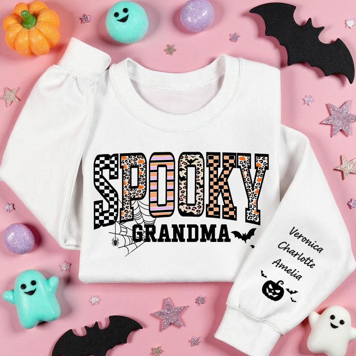 Spooky Grandma Halloween Vibe Personalized Sleeve Printed Sweatshirt