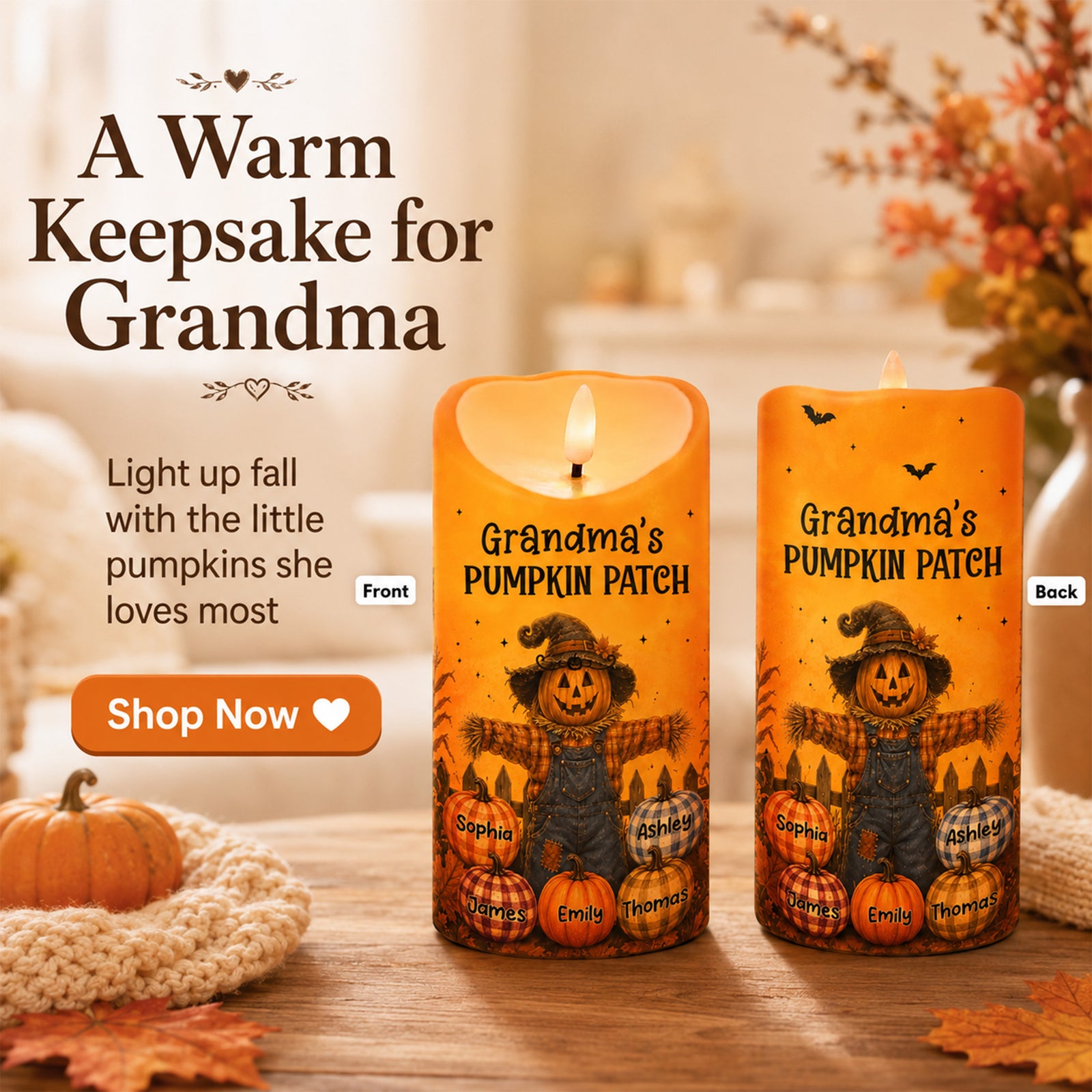 Grandma's Pumpkin Patch Scarecrow - Personalized LED Candle - Fall Season, Halloween Decor For Grandma