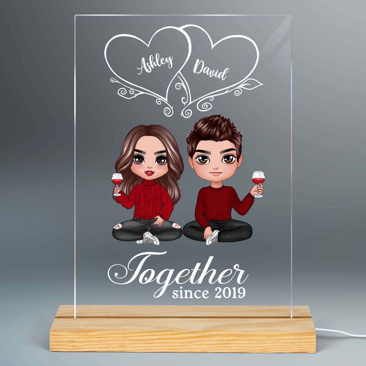 Hearts Doll Couple Sitting  Anniversary Gift For Him Gift For Her Personalized Acrylic Plaque LED Lamp Night Light