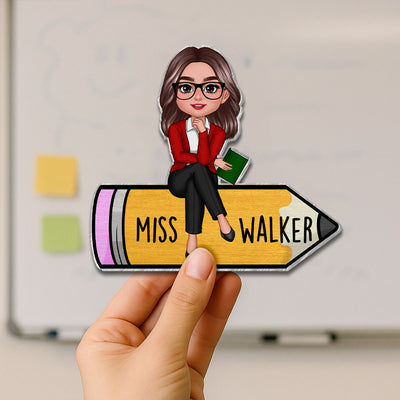 Teacher Sitting On Pencil Personalized Whiteboard Magnet, Classroom Decor